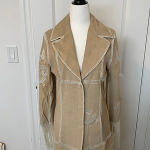 Bohemian Beige suede long jacket with fringe